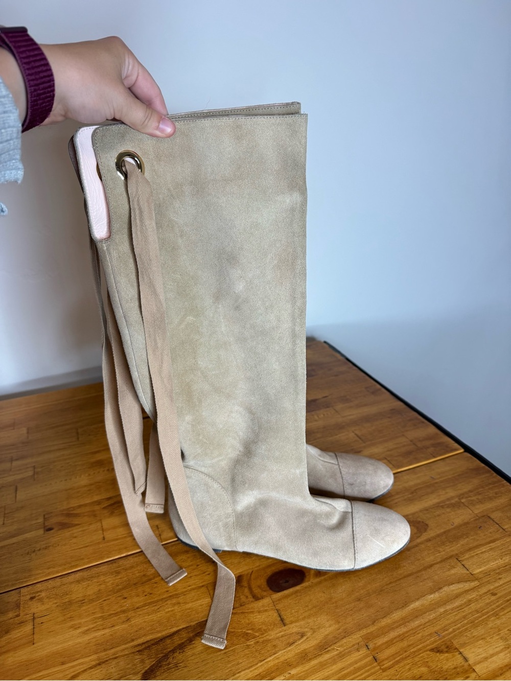 RED Valentino Tan Suede Leather Tall Pull On Slouchy Tie Back Boots Size 37.5